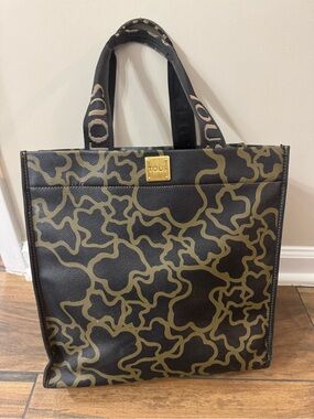 TOUS Chaos Black & Olive Patterned Leather Tote Bag